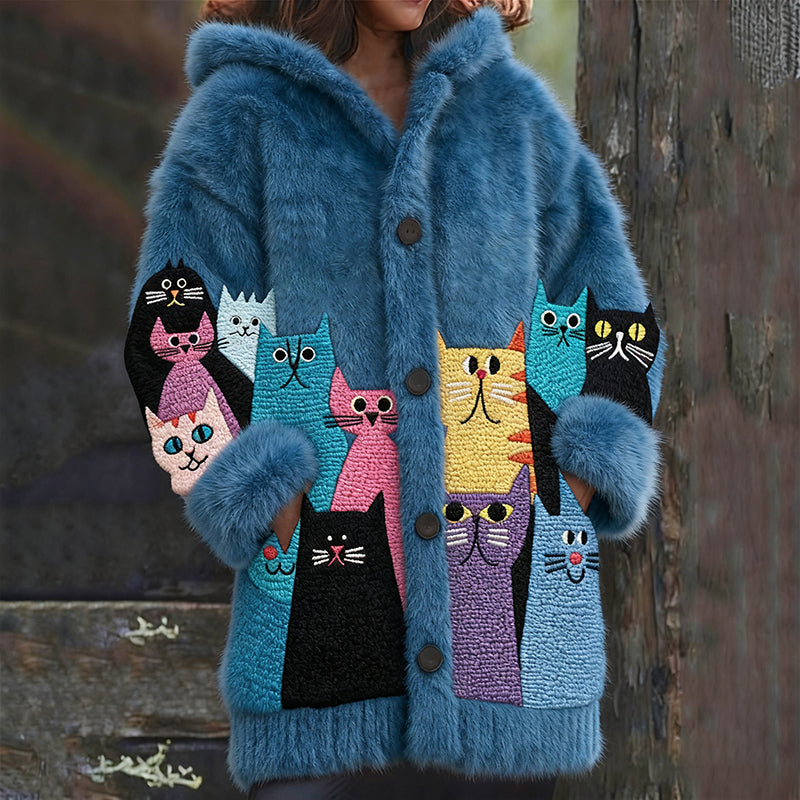 Comstylish Retro Cute Cats Cats Art Cozy Knit Hooded Cardigan