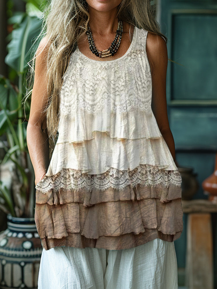 Vintage Floral Lace Layered Flowy Linen Tank Top artswardrobe