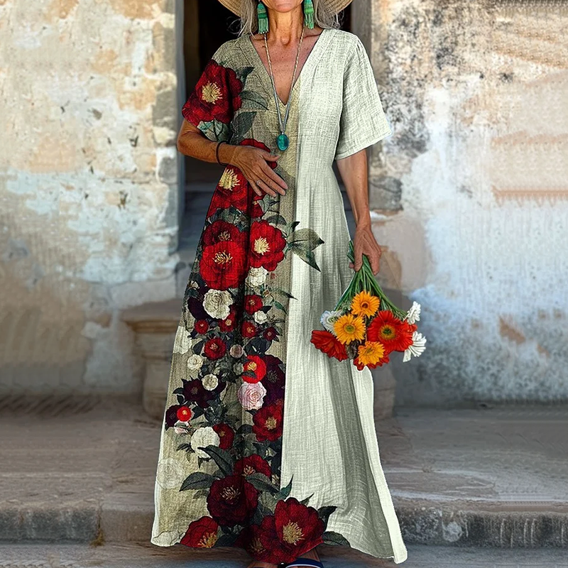 Vintage Floral Art Print Art Pattern Painting V-neck Dress artswardrobe