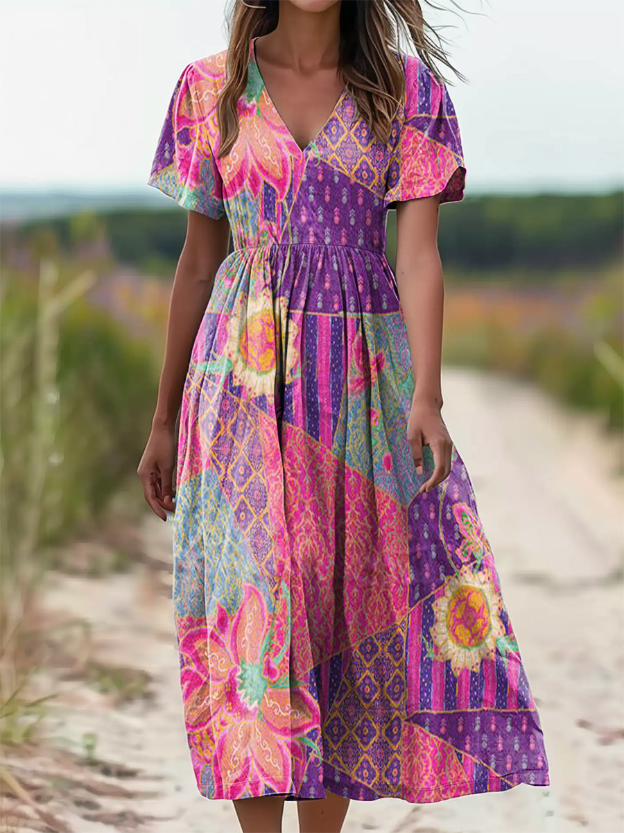 Women's Boho Floral Patchwork Art Pattern Print V-Neck Short Sleeve Po