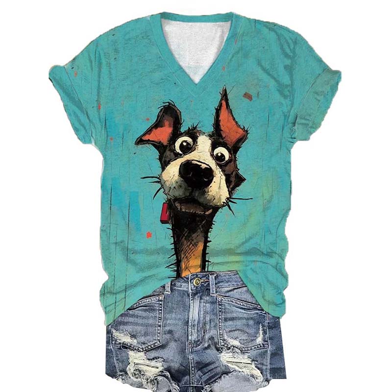 Comstylish Women's Fun Dog Print V-Neck T-Shirt