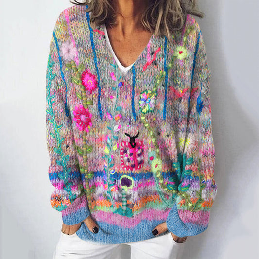 Vintage Floral Print V-Neck Long Sleeves Knitted Sweater artswardrobe