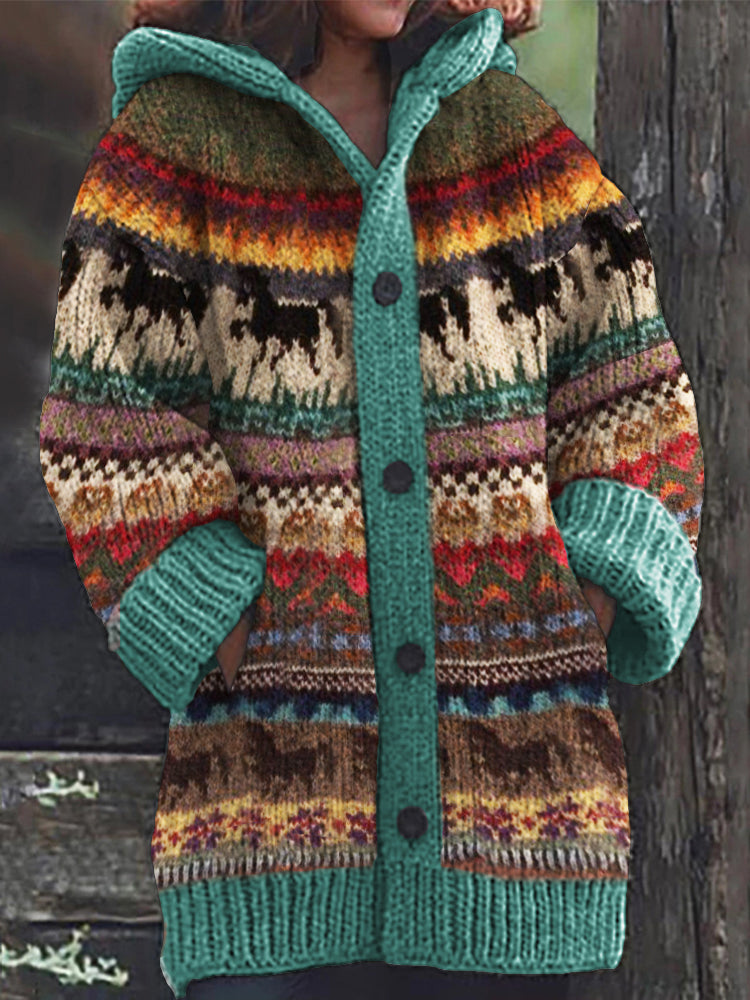 Running Horses Colorful Isle Cozy Knit Hooded Cardigan artswardrobe