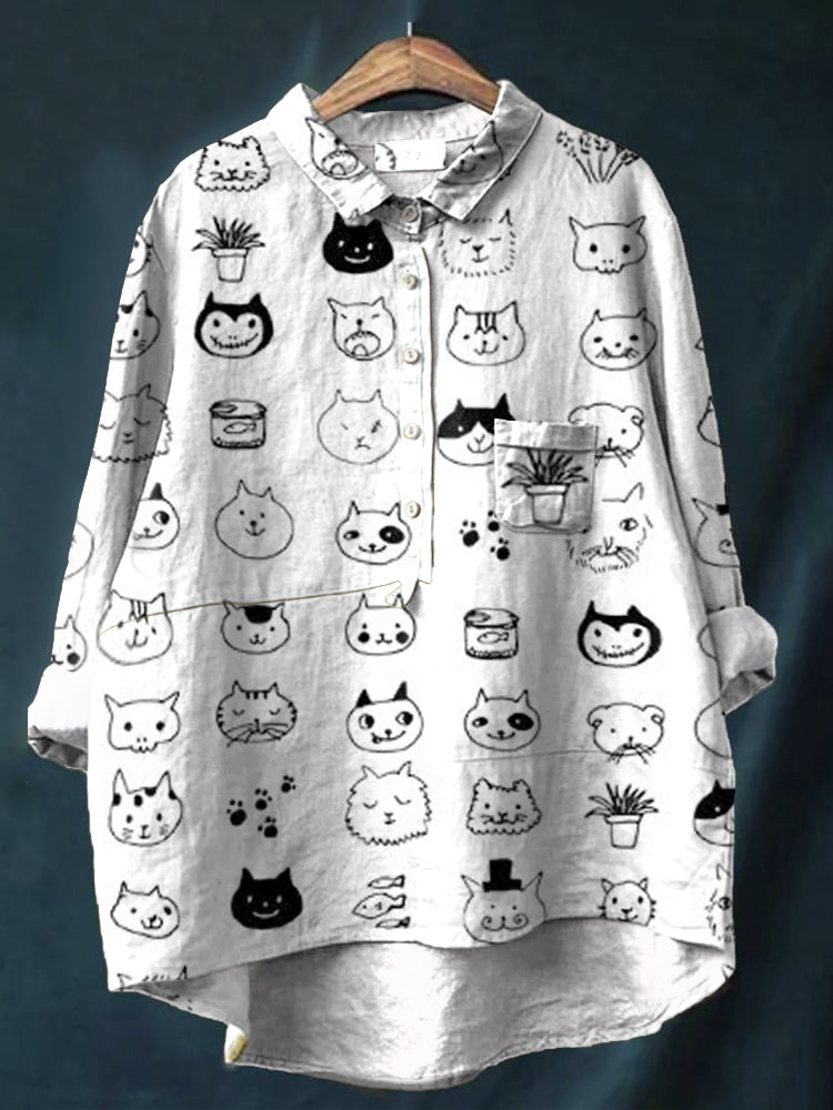 Comstylish Cute Cat Art Pattern Casual Linen Blend Pocket Shirt