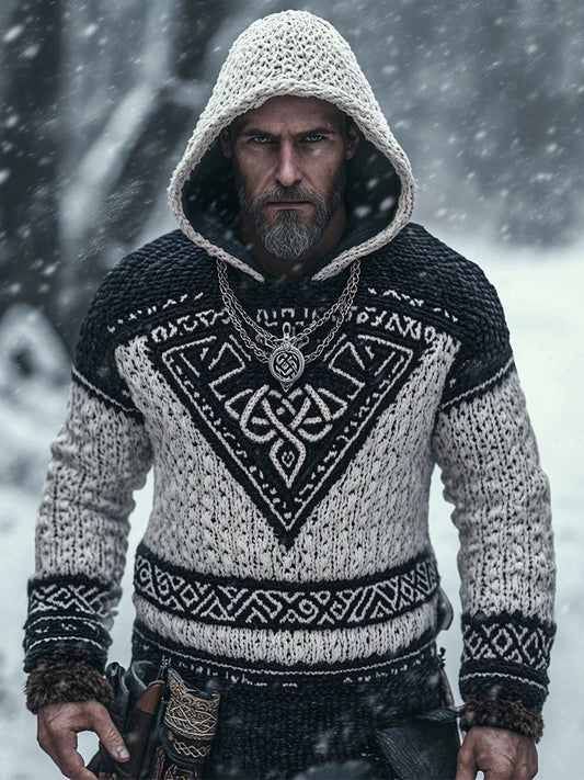 Men's Viking Style Celtic Knot Contrast Color Knit Hooded Sweater elevenforest
