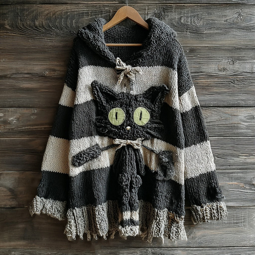 Halloween Cute Black Cat Striped Knitted Hooded Sweater elevenforest