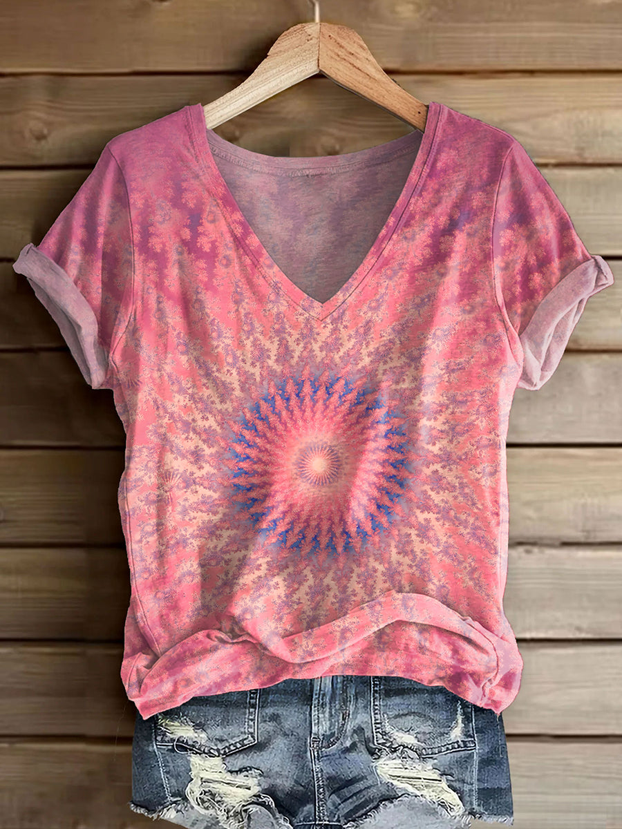 Women's Kaleidoscope Tie Dye Art Print V-neck Casual T-Shirt
