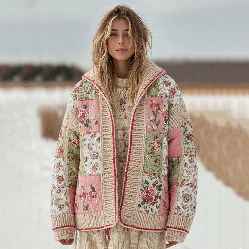 Women's Vintage Floral Patchwork Cozy Stand Collar Knit Sweater artswardrobe