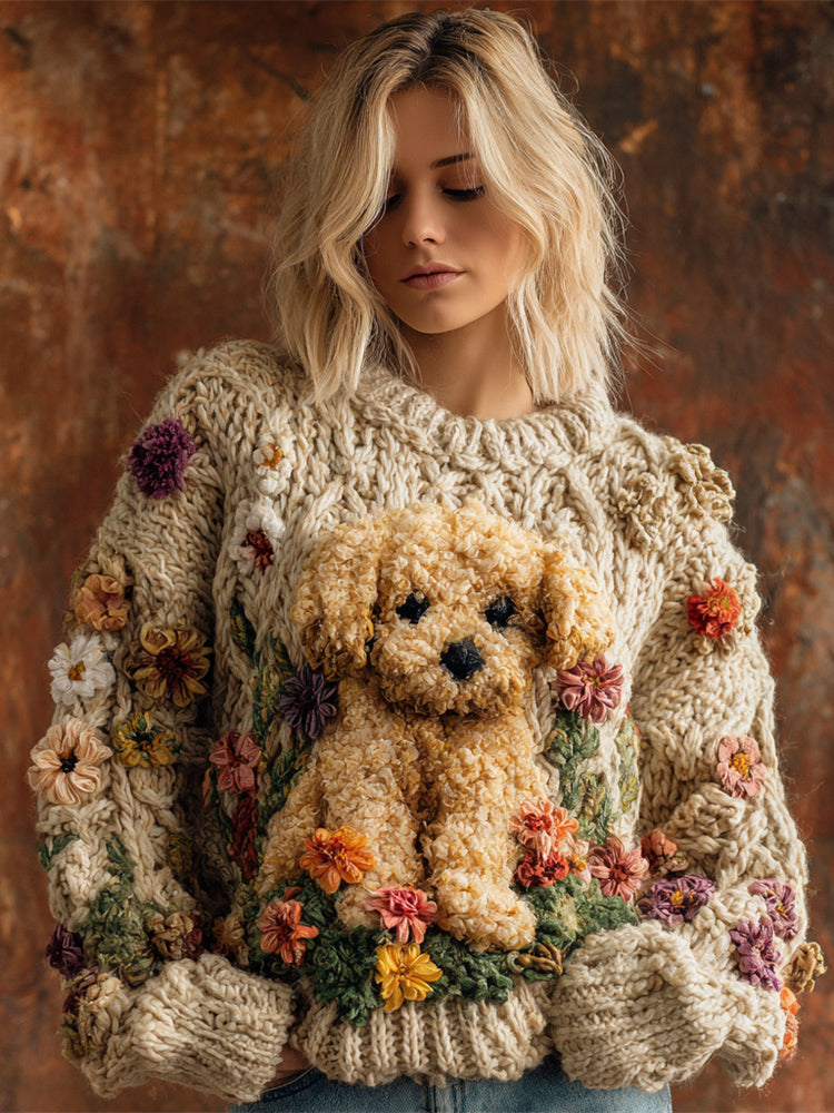 Comstylish Plush Puppy & Flower Women's Chunky Knit Twist Crew Neck Sweater