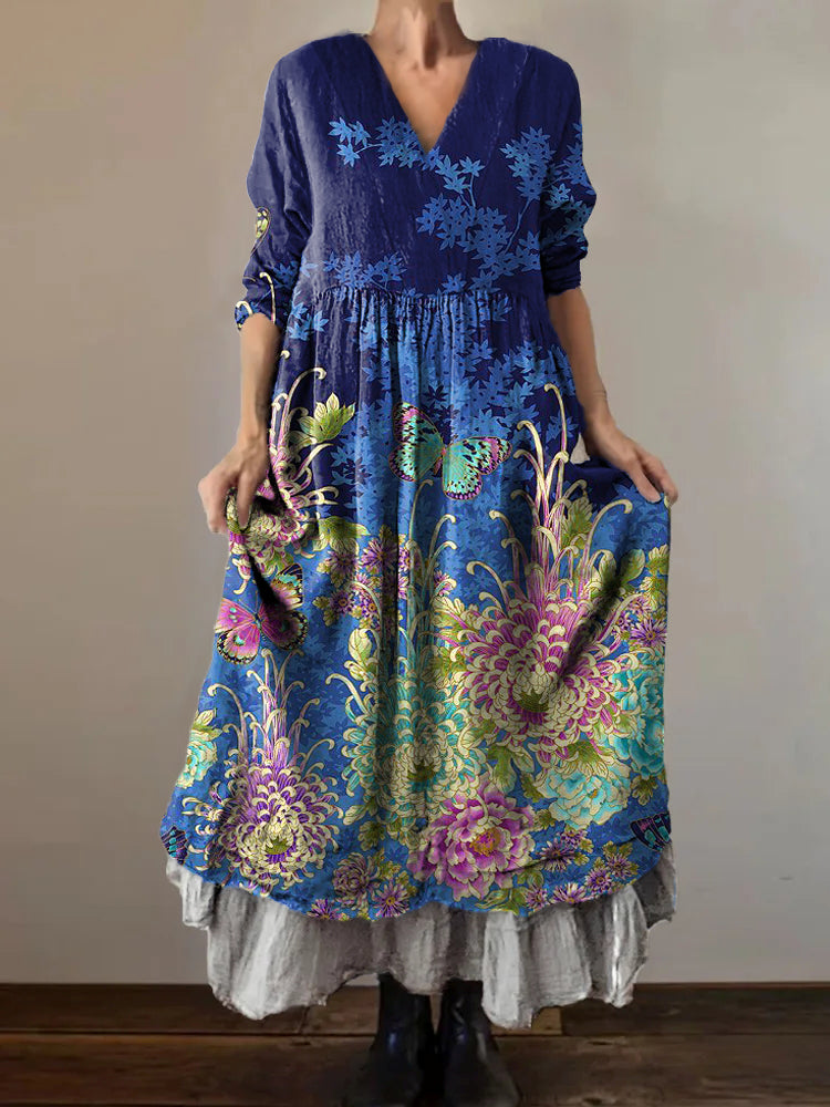 Women's Floral Art Print V-Neck Button Pocket Cotton Dress