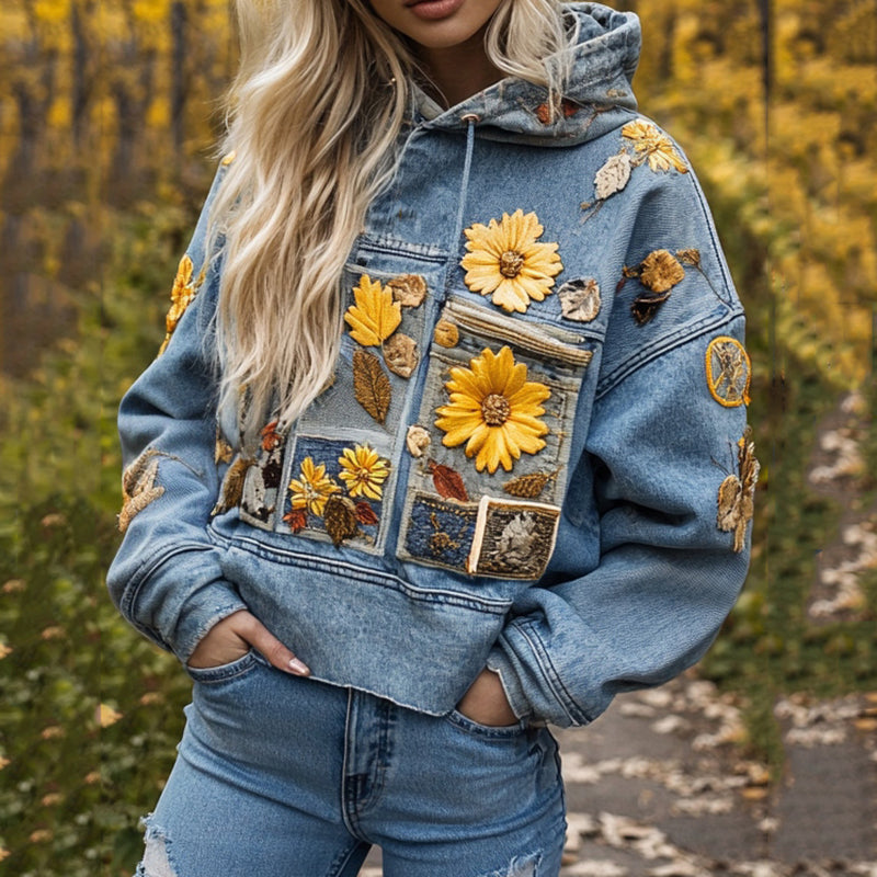 Comstylish Autumn Fashion Floral Embroidered Denim Print Hoodie