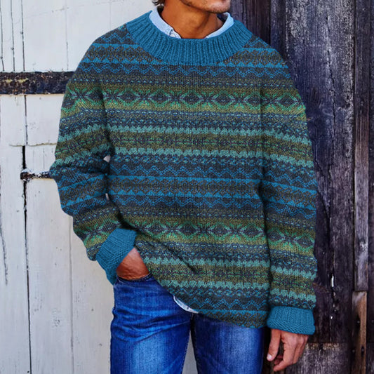 Men's Retro Jacquard Color Block Rhombus Crew Neck Sweater elevenforest