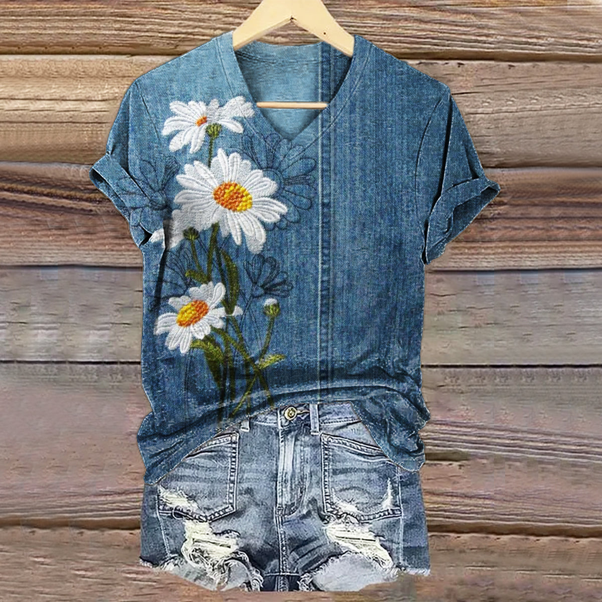 Women's Vintage Bohemian Floral Art Print V-neck Casual T-Shirt