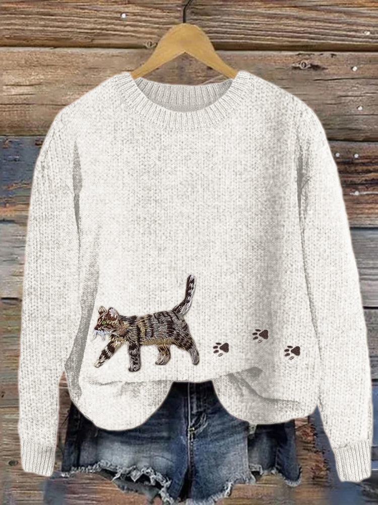 Cat & Paw Prints Embroidered Cozy Knit Sweater elevenforest