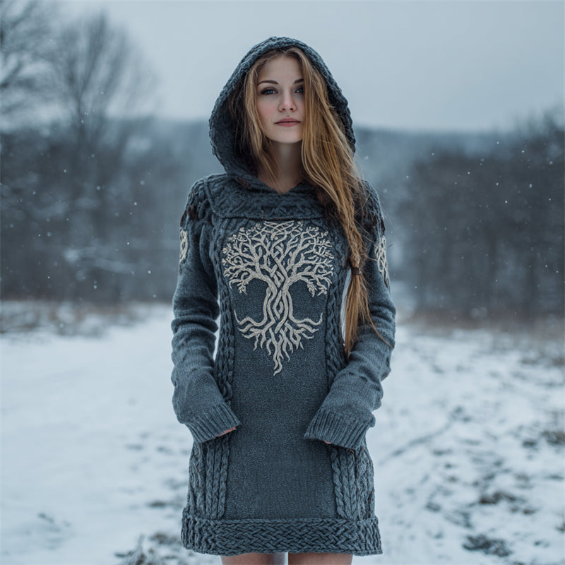 Viking Tree Of Life Celtic Cozy Chunky Hooded Sweater Dress artswardrobe