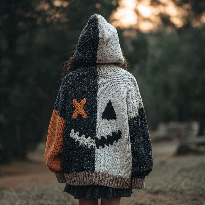 Vintage Halloween Spooky Face Contrast Color Knitted Hooded Cardigan artswardrobe