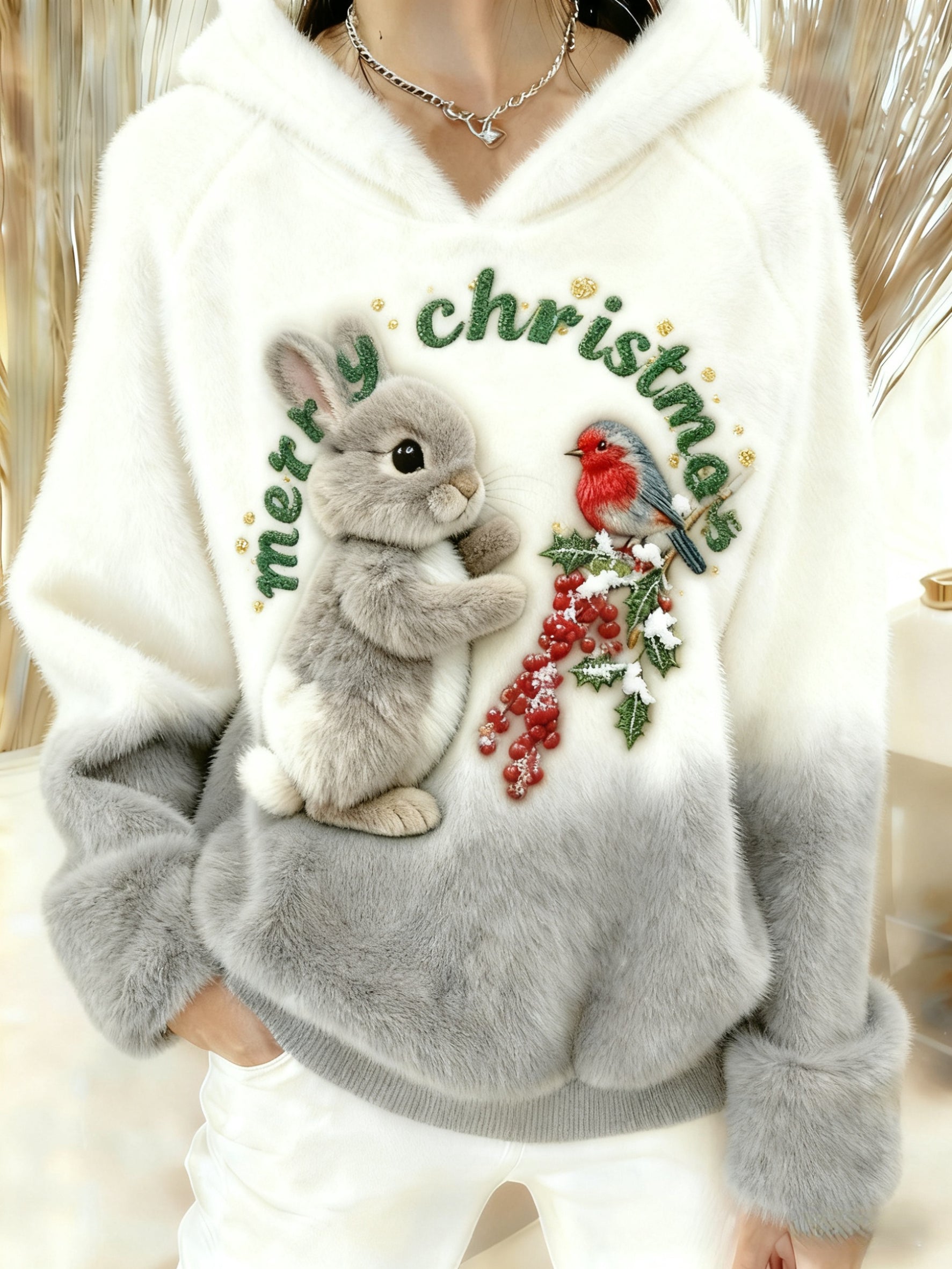 Merry Christmas Bunny Cardinal Art Cozy Plush Hooded Sweater