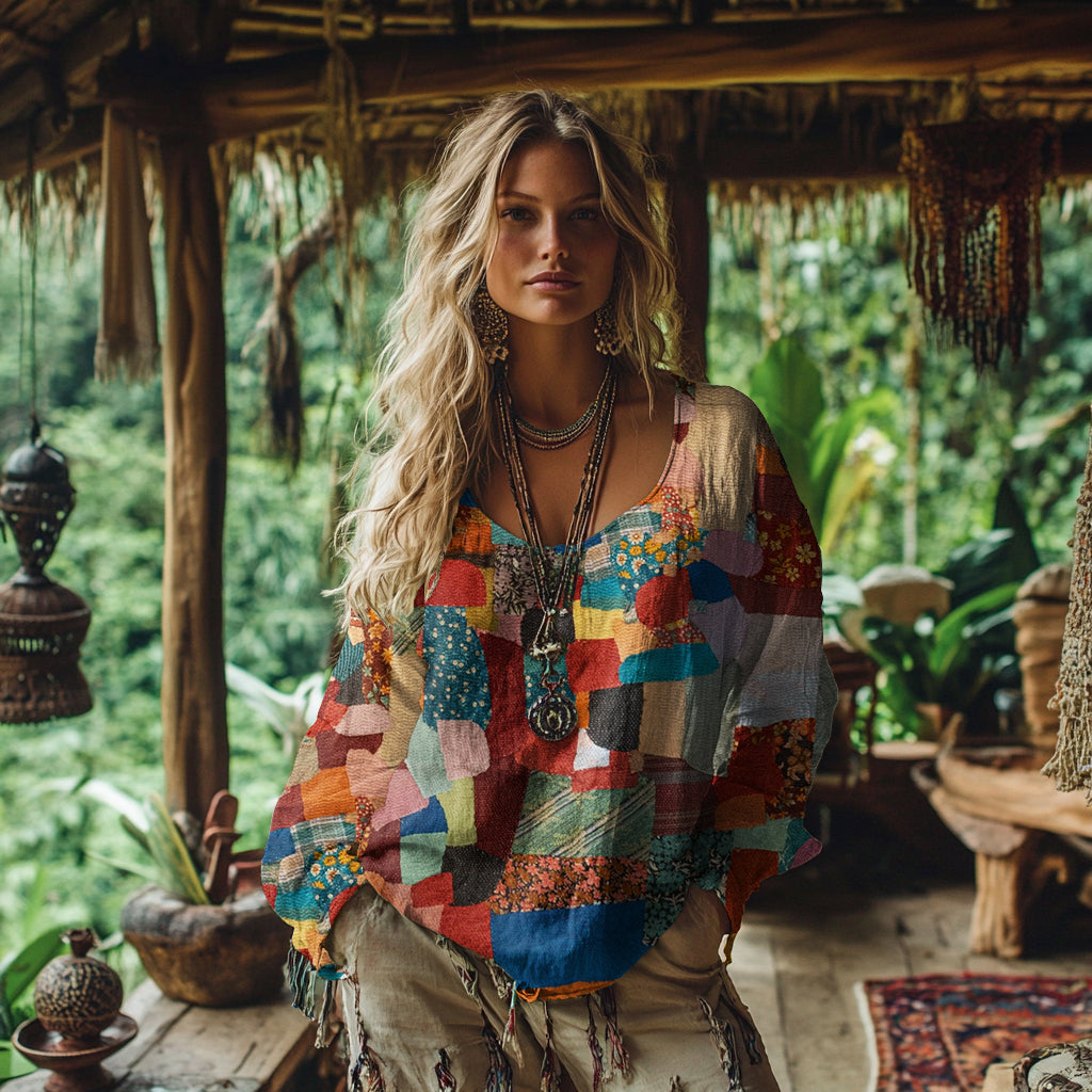 Comstylish Vintage Floral Patchwork Art Cotton Linen Casual Shirt