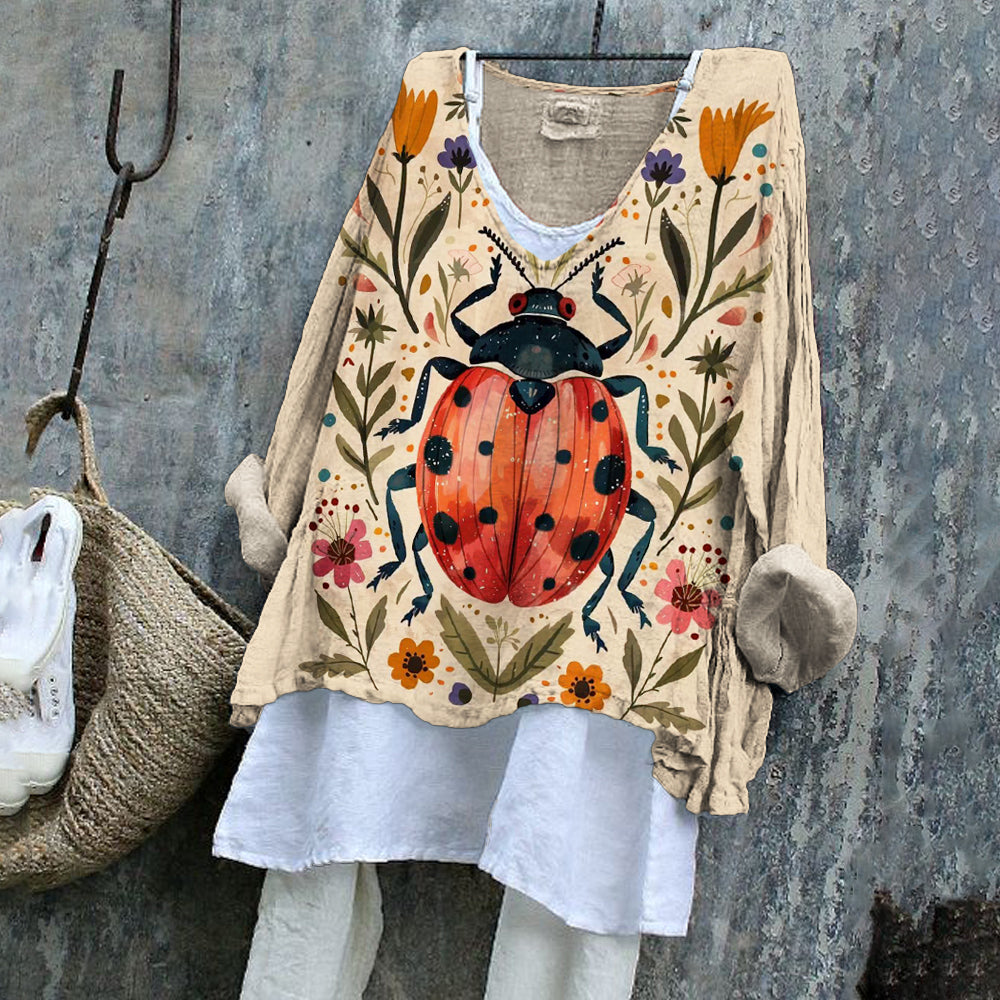 Ladybug Element Vintage Floral Women's Linen Shirt artswardrobe