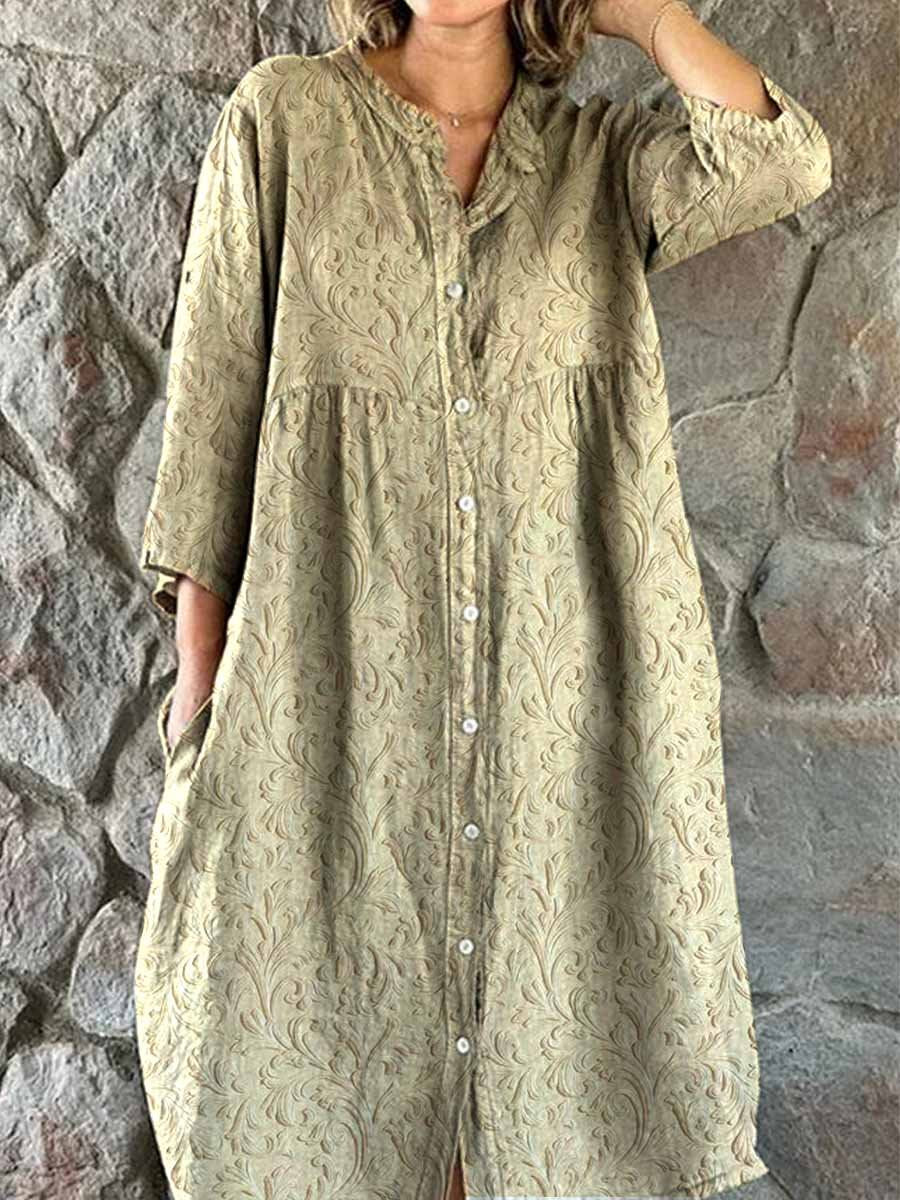 Women's Elegant Simple Floral Pattern Shirt Cotton and Linen Dress wit