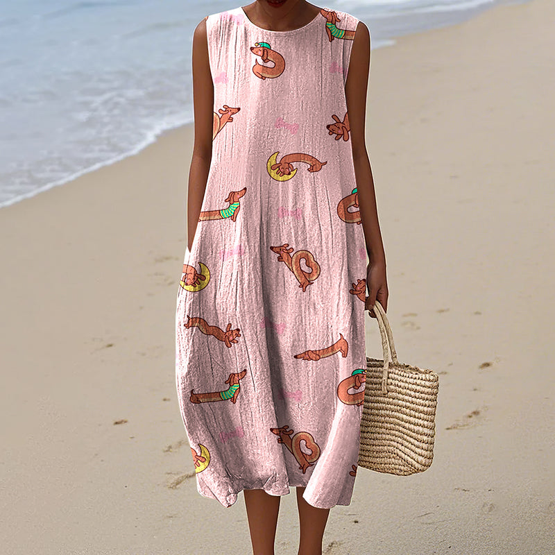 Comstylish Vintage Cute Dachshund Art Print Linen Sleeveless Dress