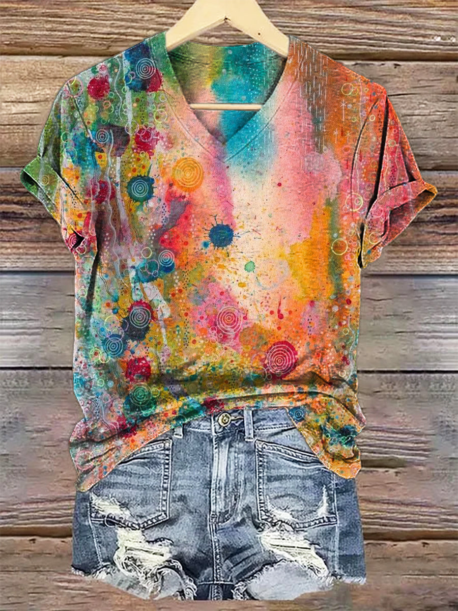 Women's Vintage Floral Art Print V-neck Casual T-Shirt