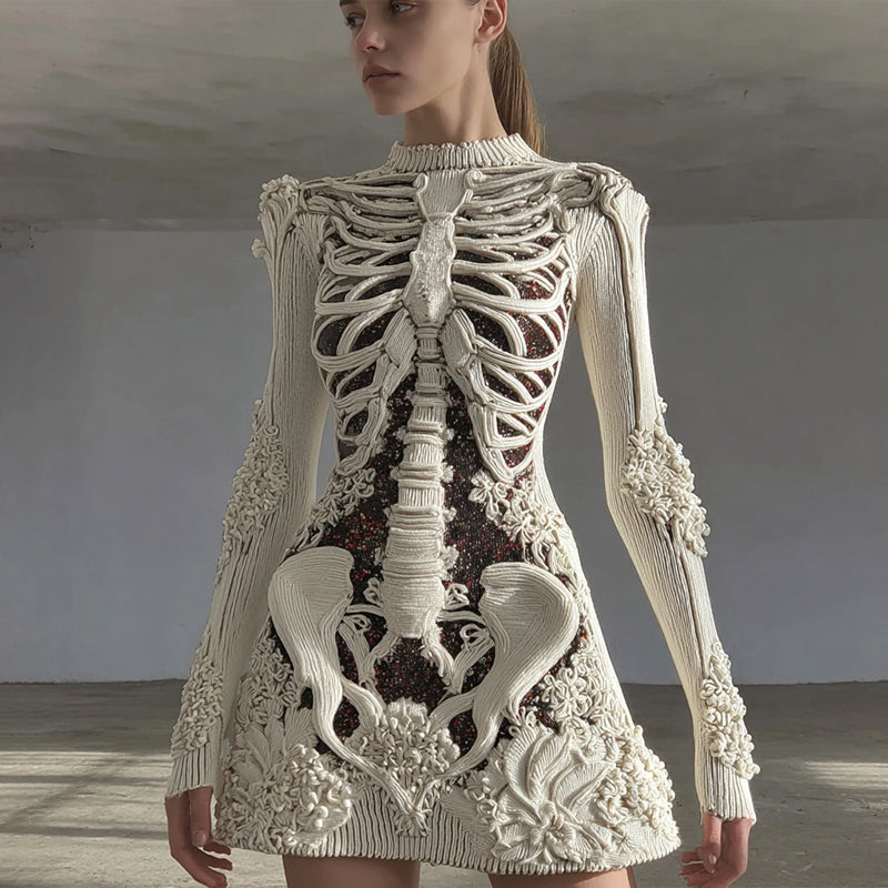 Comstylish Women's Vintage Halloween Skull Art Knitted Warm Sweater Dress