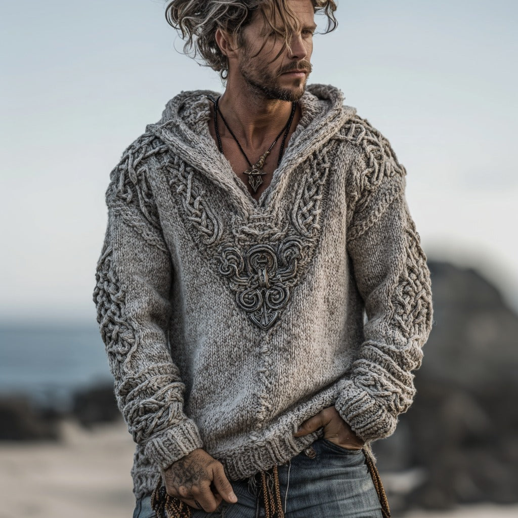 Men's Viking Celtic Jacquard Knitted Warm Hooded Sweater artswardrobe