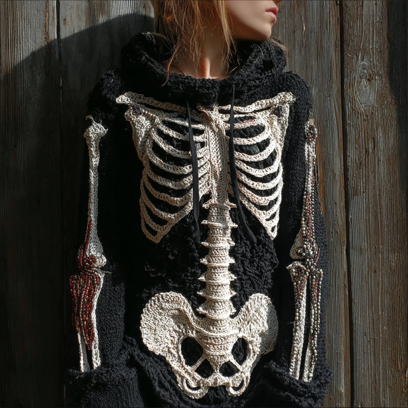 Halloween Skeleton Anatomy Beaded Hooded Cozy Knit Sweater artswardrobe