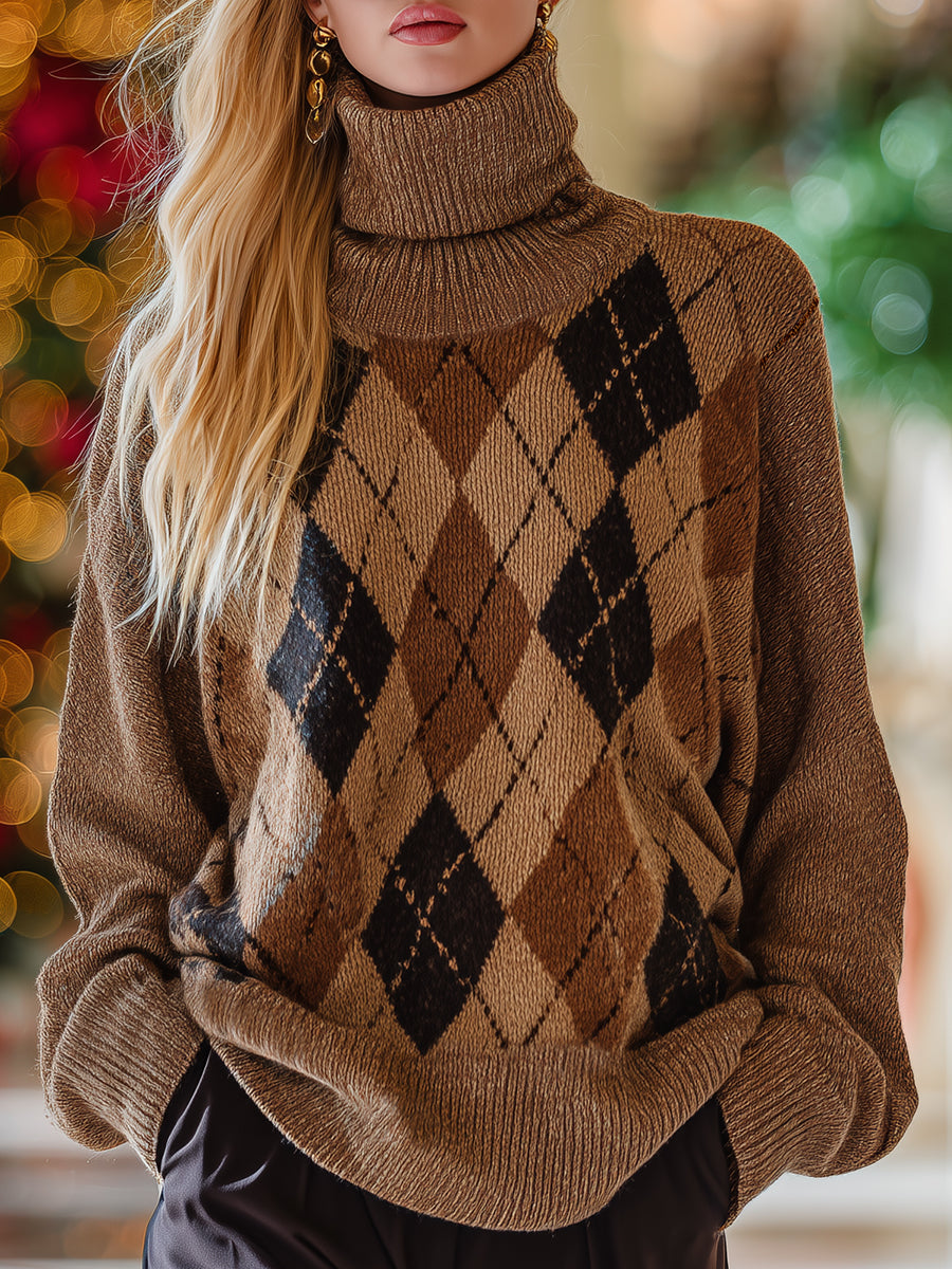 Retro Casual Brown Diamond Pattern Turtleneck Knit Sweater