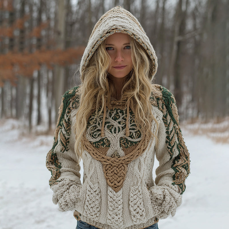 Women's Vintage Viking Tree Of Life Celtic Knot Pattern Cozy Knit Hooded Sweater artswardrobe
