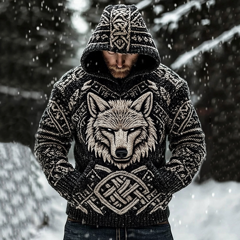 Men's Viking Wolf Art Knit Pocket Hooded Sweater elevenforest