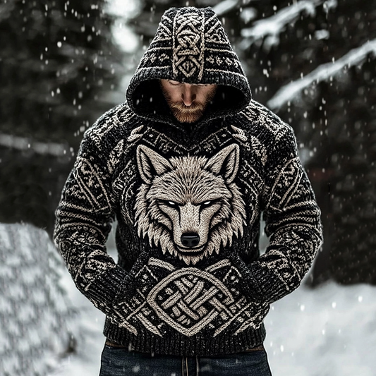 Men's Viking Wolf Art Knit Pocket Hooded Sweater elevenforest