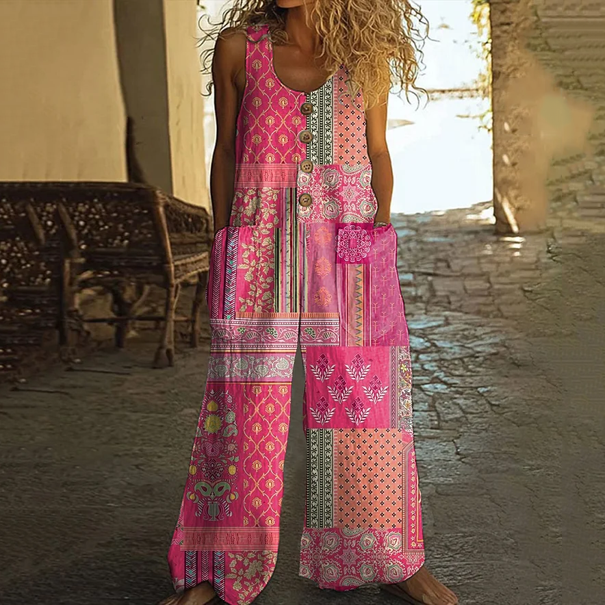Vintage Floral Patchwork Print Women's Linen Vest Jumpsuit elevenforest