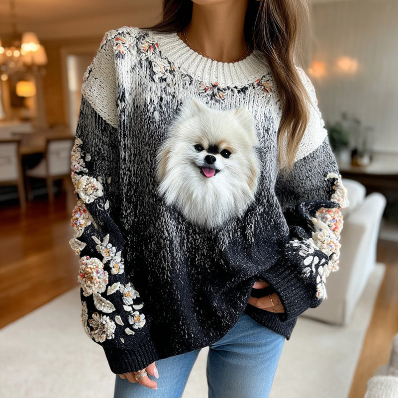 Comstylish Fluffy Puppy Pomeranian Floral Gradient Cozy Knit Sweater