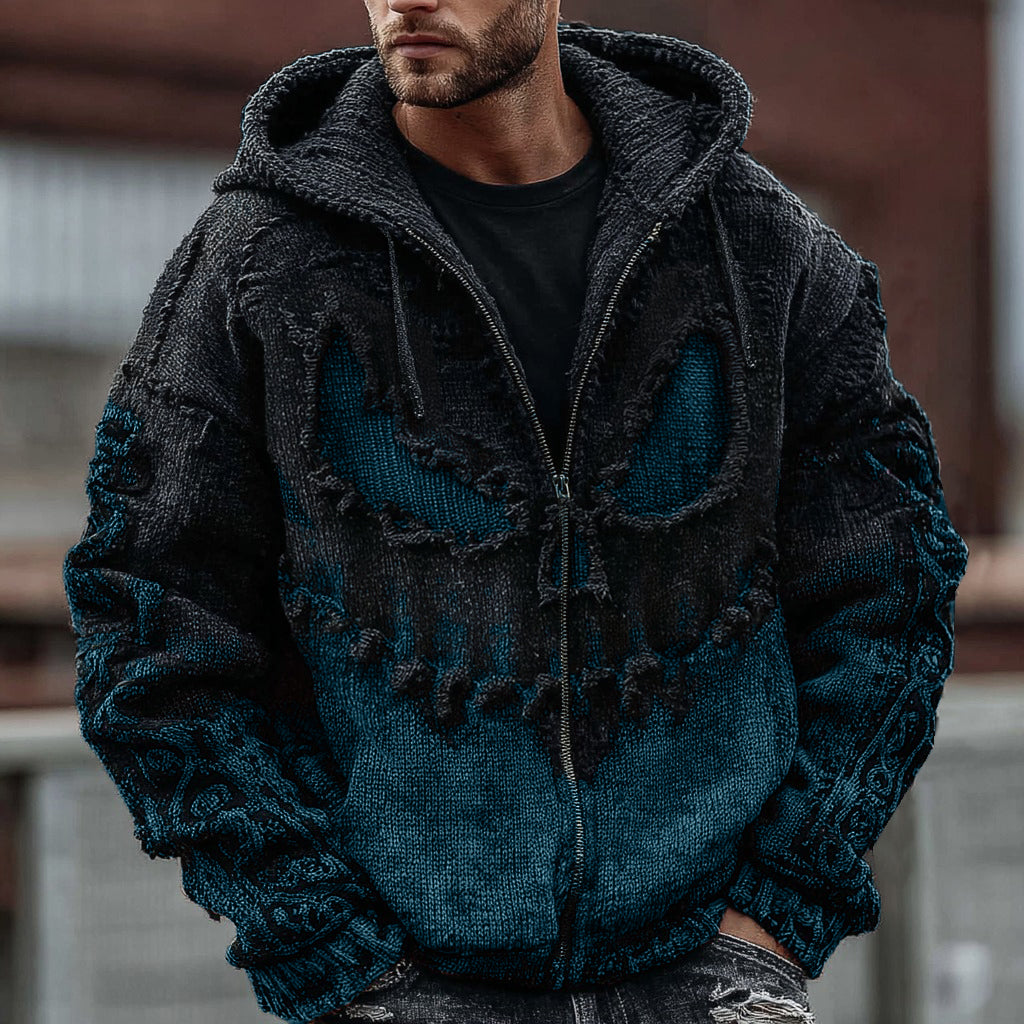 Men's Halloween Spooky Face Gradient Inspired Knitted Distressed Zipper Up Hooded Sweater artswardrobe