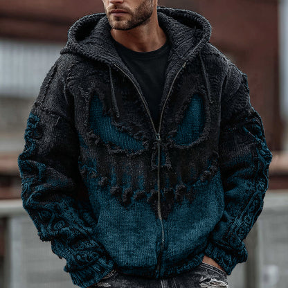 Men's Halloween Spooky Face Gradient Inspired Knitted Distressed Zipper Up Hooded Sweater artswardrobe