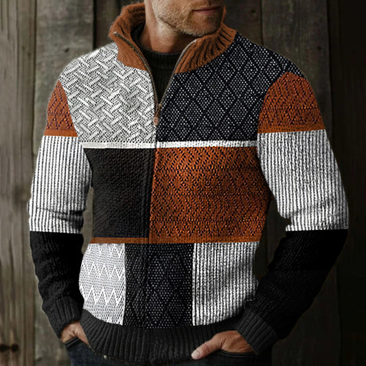 Men's Retro Tribal Western Textured Pattern Patchwork Zipper Sweater artswardrobe