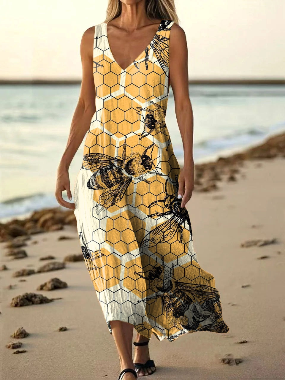 Women's Bee Pattern Art Print Pocket Cotton Dress