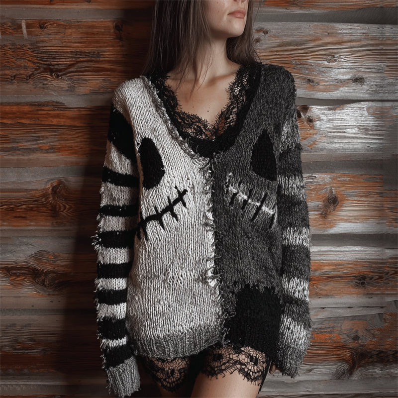 Halloween Spooky Faces Contrast Patchwork Cozy Knit Sweater elevenforest