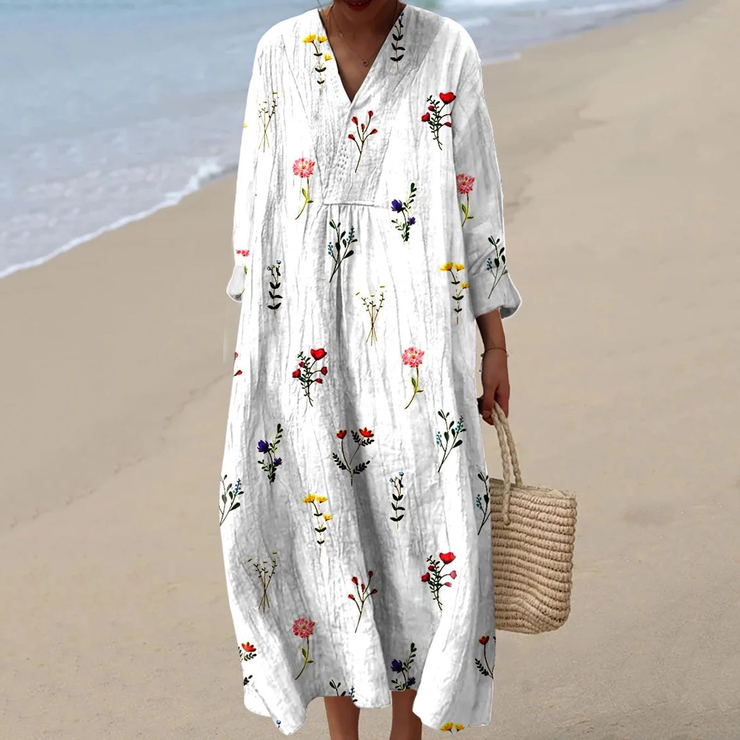 Vintage Floral Art Print V Neck Casual Midi Dress artswardrobe