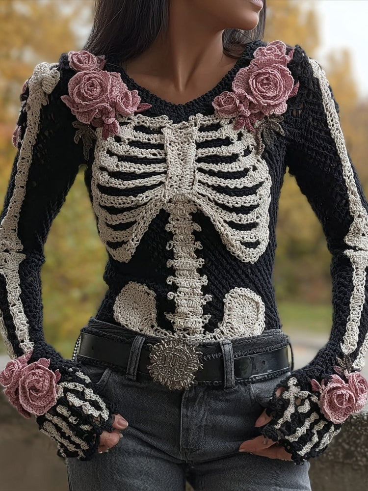 Vintage Skeleton Roses Crochet Art V Neck Cozy Sweater artswardrobe
