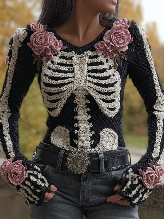 Vintage Skeleton Roses Crochet Art V Neck Cozy Sweater artswardrobe