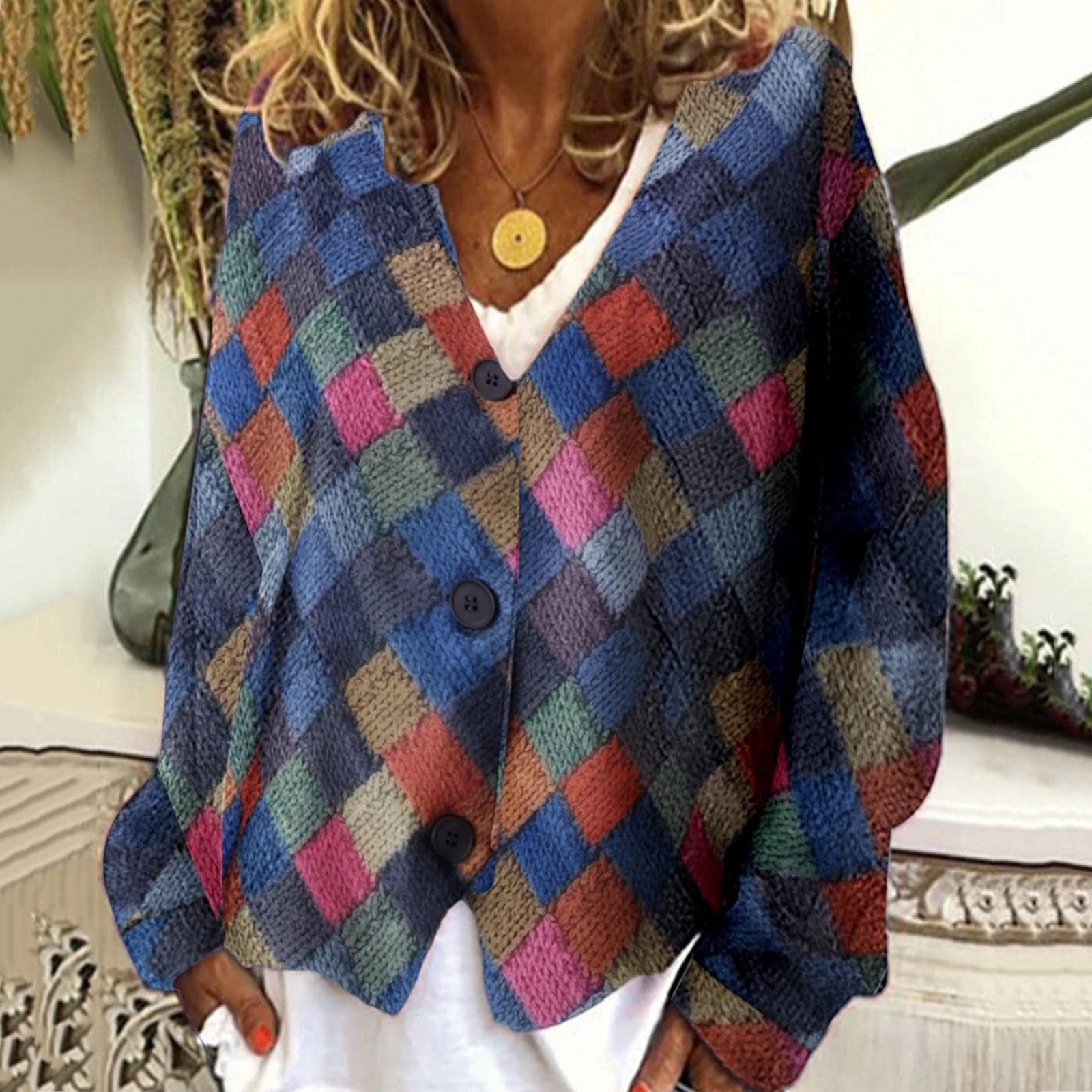 Casual V Neck Geometric Color Block Printed Sweater Cardigan elevenforest