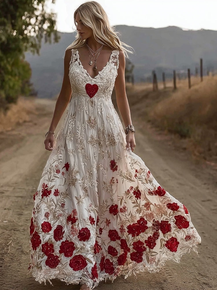 Valentine's Day Hearts & Flowers Embroidered Lace Linen Maxi Dress elevenforest