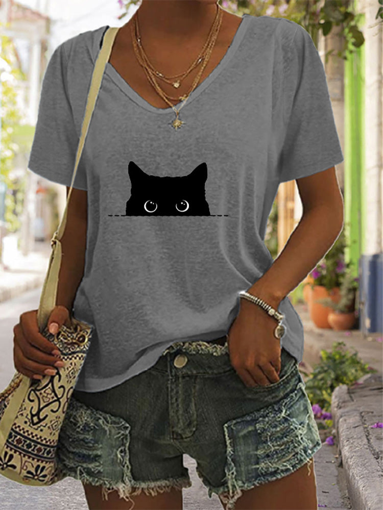 Comstylish Women's Casual Black Cat Print T-shirt