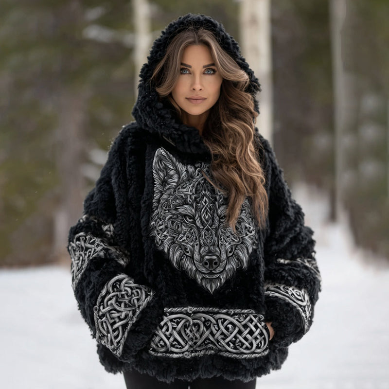 Comstylish Women's Viking Vintage Wolf Cozy Flannel Hooded