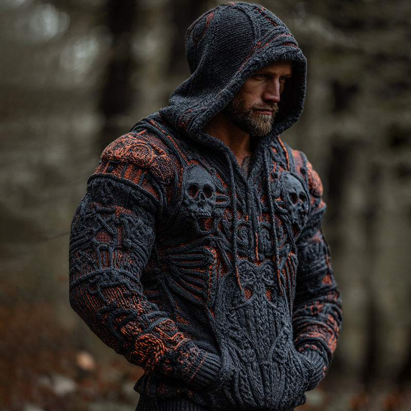 Men's Vintage Skull Art Casual Knit Hooded Sweater artswardrobe