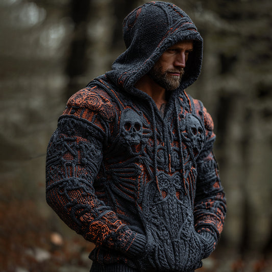 Men's Vintage Skull Art Casual Knit Hooded Sweater artswardrobe