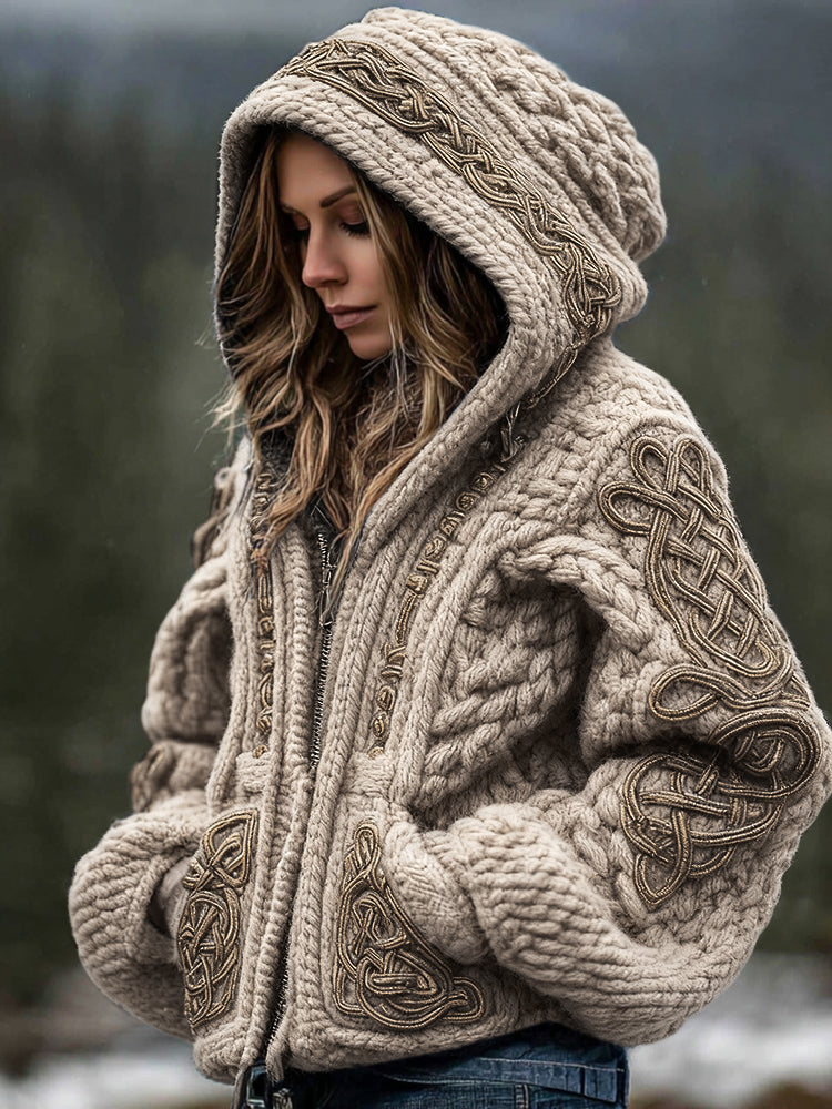 Women's Viking Celtic Knot Cozy Warm Knit Full Zip Hooded Sweater artswardrobe